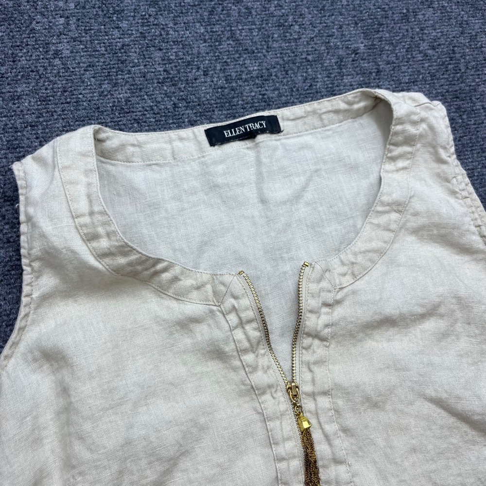 Ellen Tracy Linen Split Neck Zip Front Tassel Beige Sleeveless Tank Top